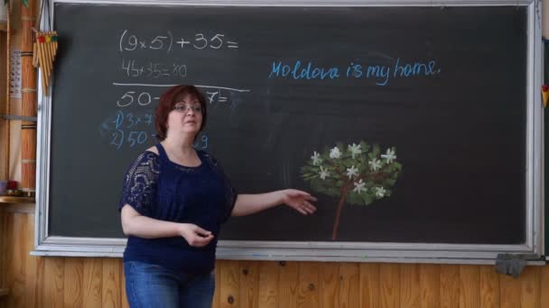 Naisopettaja selittää matematiikkaa liitutaulun opiskelijoille. Professori opettaa luokkahuoneessa.
. - Materiaali, video