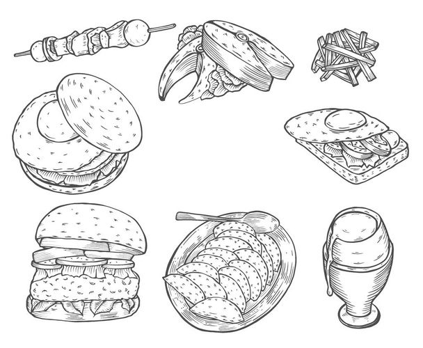 Monochrome Fast food decorative colored sketch icons set isolated vector illustration - Vector, Image