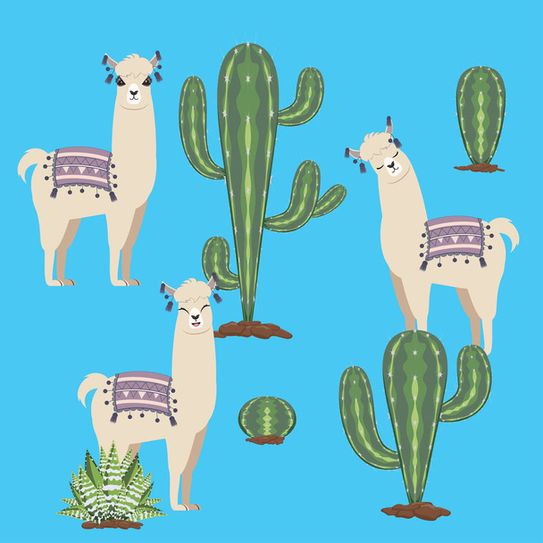 Schattige cartoon Llama met cactussen ontwerpen achtergrond. - Vector, afbeelding