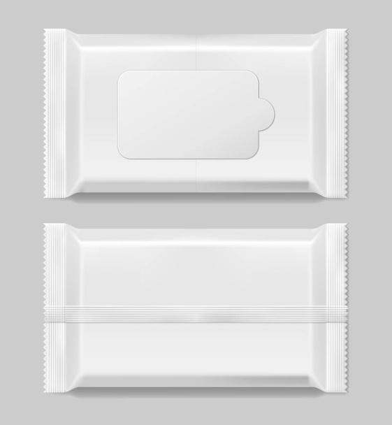 Feuchttücher Servietten Vorlage Front-und Vack-Ansicht isoliert. weiße Feuchttücher leere Verpackung. Vektorillustration - Vektor, Bild