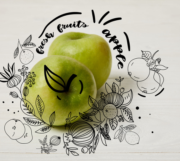 raw green apples on wooden background with floral illustration "Fresh fruits - apple" lettering - Photo, Image