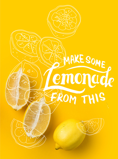 zwei Zitronenhälften und eine einzelne Zitrone isoliert auf gelb mit dem Schriftzug "Machen Sie etwas Limonade aus diesem" und der Illustration - Foto, Bild