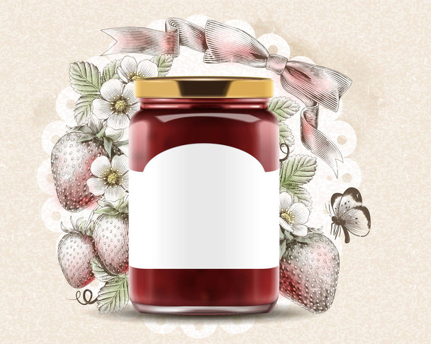 Elegant strawberry jam ads with 3d illustration blank label glass jar on engraved fruity background - Vector, Image
