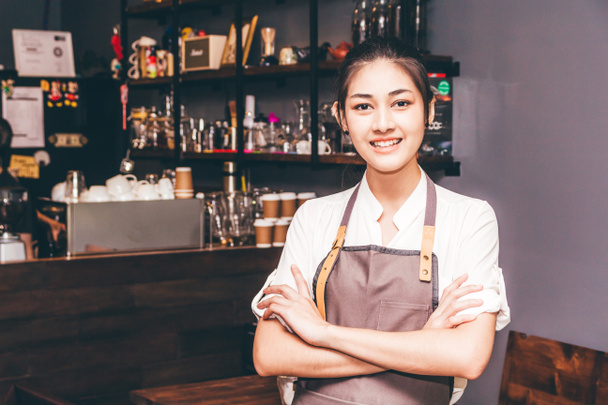 Barista Stand in front of counter bar in coffee shop restaurant - Photo, Image