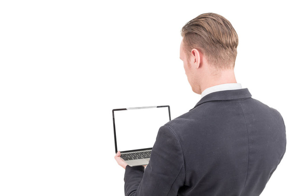 Geschäftsmann mit Laptop isoliert auf weißem Hintergrund - Foto, Bild