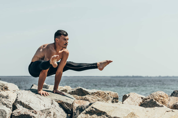 sporty shirtless man doing arm balance on rocky seashore - Photo, Image