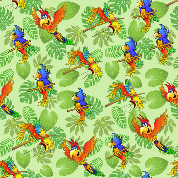 Illustrazione senza soluzione di continuità sfondo di estate foglie tropicali e pappagalli
 - Vettoriali, immagini