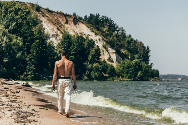 rear view of shirtless man walking by sandy beach - Foto, afbeelding