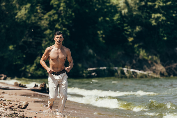 atrakcyjny mężczyzna shirtless jogging na piaszczystej plaży - Zdjęcie, obraz
