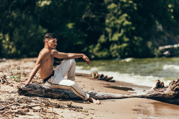 όμορφος shirtless άνδρας κάθεται στο κορμό του δέντρου σε αμμώδη παραλία - Φωτογραφία, εικόνα