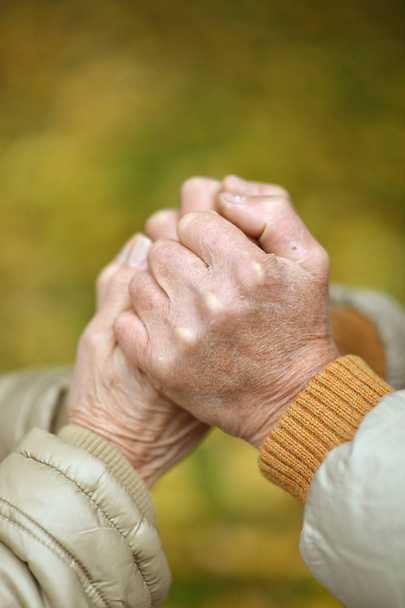 elderly couple holding hands in autumn park - Zdjęcie, obraz
