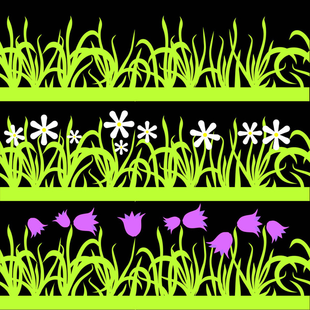 Siyah arka plan üzerinde dikişsiz yeşil çim, pembe ve beyaz çiçek desen seti, web için tasarım elemanı stok vektör illüstrasyon, baskı için - Vektör, Görsel