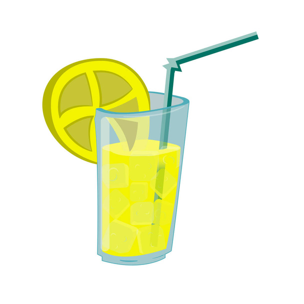 vector drawing of a glass high glass with a lemonade with ice and a tube. The glass is clear and the ice is visible through it. - Vector, Image