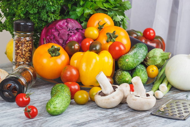 Colored vegetables and different greenery, soft focus background - Foto, Imagen