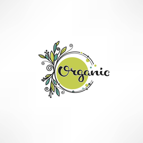 doodle eco, bio, nature and organic leaves and plants emblem, element,  frame and logo with handdrawn lettering - Wektor, obraz