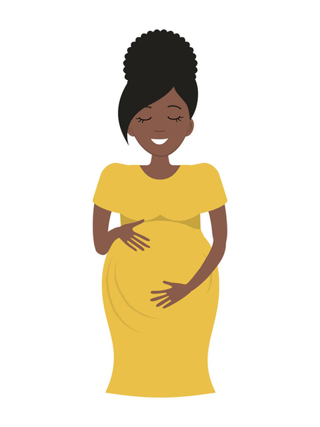 Mujer embarazada linda en vestido amarillo aislado sobre un fondo blanco. Una mujer negra sonriente sostiene sus manos sobre su estómago. Ilustración vectorial en estilo de dibujos animados
 - Vector, imagen