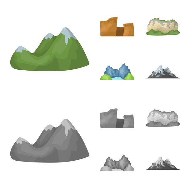 Green mountains with snow tops, a canyon, rocks with forests, a lagoon and rocks. Different mountains set collection icons in cartoon,monochrome style vector symbol stock illustration web. - ベクター画像