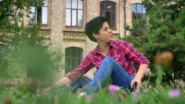 Charming young college student with black short hair sitting on grass in park near university, happy and cheerful - Кадры, видео