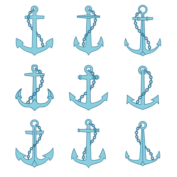 Anchor with chain outline icons set. Marine and nautical emblems collection - Вектор, зображення