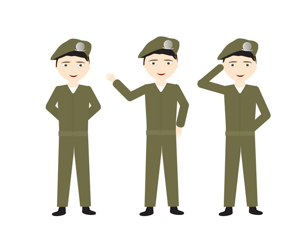 männliche Soldaten in grüner Uniform und verschiedenen Posen - stehen, grüßen, salutieren - Vektor, Bild