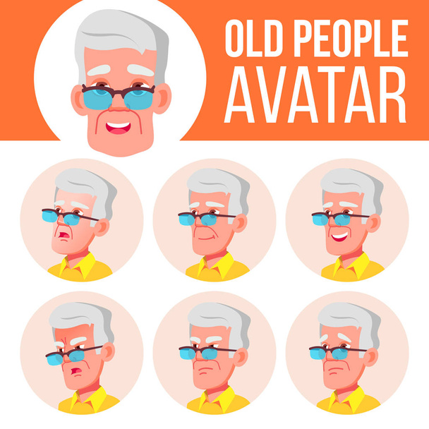 Old Man Avatar Set Vector. Face Emotions. Senior Person Portrait. Elderly People. Aged. Flat, Portrait. Caucasian. Cartoon Head Illustration - Vector, Image
