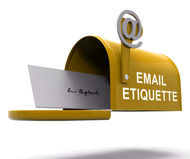 E-mail etikett elektronikus üzenet szabályok 3d renderelés mutatja megfelelő elektronikus levél udvarias levelet küldeni promóciók - Fotó, kép
