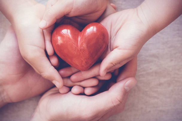 Adult and children hands holding red heart, health insurance and donation concept - Фото, зображення