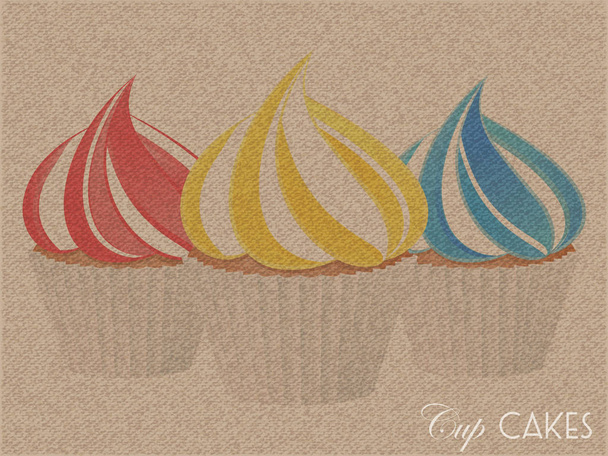 Cup cakes print on vintage brown material with decorative text - Vector, Image