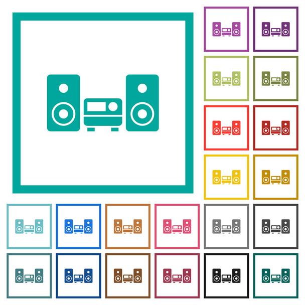 Stereosystem flache Farbsymbole mit Quadrantenrahmen auf weißem Hintergrund - Vektor, Bild