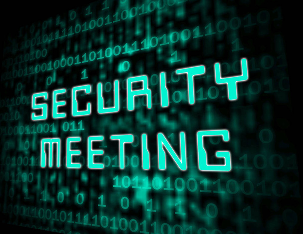 Cyber Security risico Teamwork bijeenkomst 3d illustratie toont Seminar over Internet criminaliteit en bescherming tegen Malware bedreigingen - Foto, afbeelding