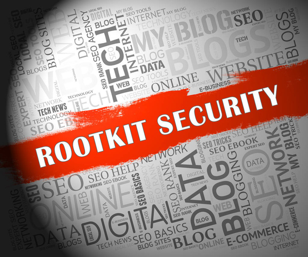 Rootkit veiligheidsgegevens hacken bescherming 2d illustratie toont Software bescherming tegen Internet Malware Hackers - Foto, afbeelding