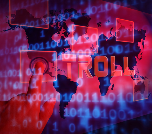 Online Troll durva szarkasztikus fenyegetés 3d ábrán Cyberspace Bully taktika által trollingozáshoz Cyber ragadozók - Fotó, kép