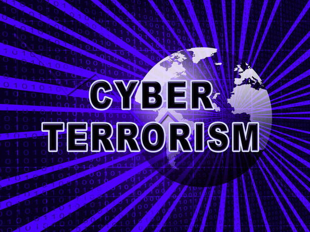 Cyber-Terrorismus Online-terroristische Kriminalität 3d Illustration zeigt kriminelle Extremisten in einem virtuellen Krieg mit Spionage und Erpressung - Foto, Bild
