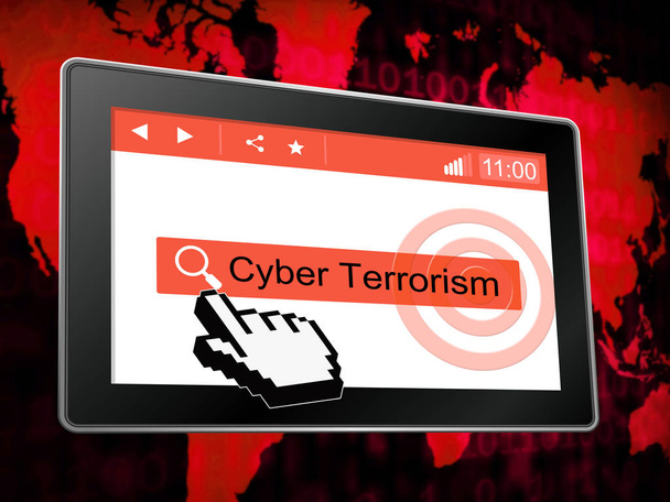 Cyber terrorizmus Online terrorcselekmény 3d ábrán bűnügyi szélsőségesek a virtuális háború kémkedés és a zsarolás - Fotó, kép