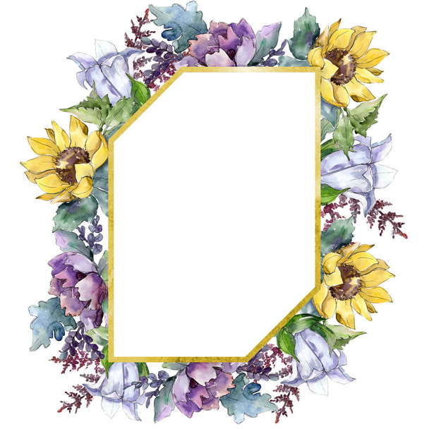 Watercolor bouquet flowers. Floral botanical flower. Frame border ornament square. Full name of the plant: sunflower,peony,flax. Aquarelle wildflower for background, texture, frame or border. - Foto, imagen