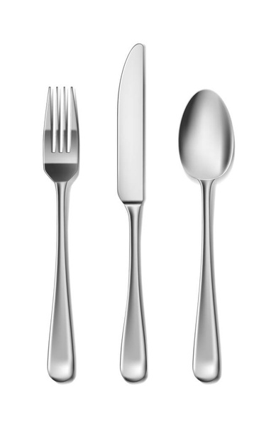 Сталеві столові прибори, ніж, виделка і ложка в реалістичному стилі. Дизайн вилки та ложки ножа ізольовано на білому. Векторні ілюстрації
 - Вектор, зображення