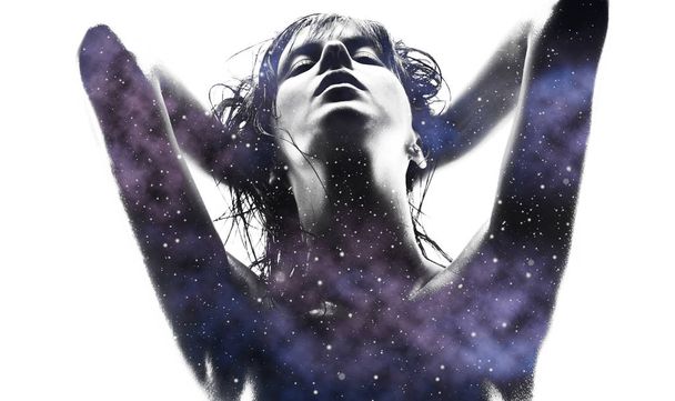 double exposure of woman and purple galaxy - Photo, image