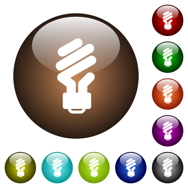 Úsporná zářivka žárovka bílé ikony na kulaté barevné skleněné knoflíky - Vektor, obrázek
