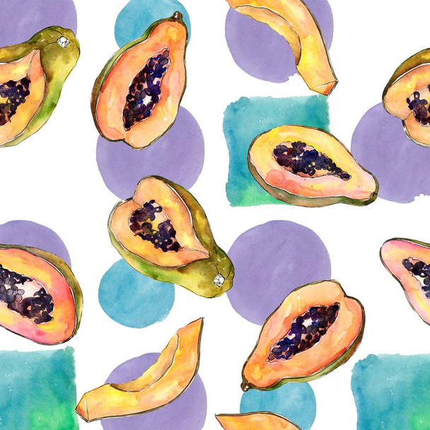 Exotic tropical healthy food in a watercolor style. Seamless background pattern. Full name of the fruit: papaya. Aquarelle wilfruit for background, texture, wrapper pattern or menu. - Foto, Imagen