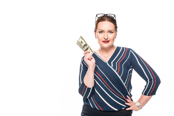 beautiful businesswoman holding dollar banknotes isolated on white background  - Fotó, kép