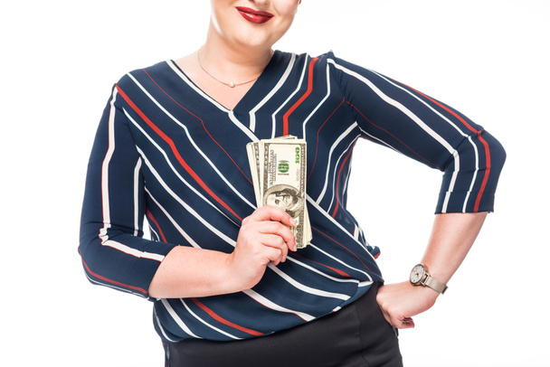 обрезанный образ бизнесвумен показывая долларовые банкноты изолированы на белом фоне
  - Фото, изображение