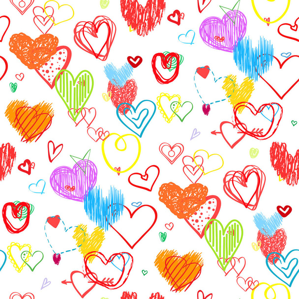 Varratmentes háttérben a tarka szívek. Színes háttérkép. Kézzel rajzolt sok kis és nagy szerelem jelei. Vonalas - Vektor, kép