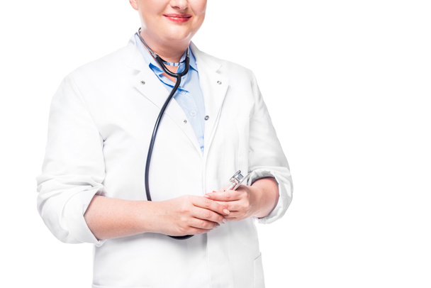 cropped image of female doctor in white coat with stethoscope isolated on white background - Photo, Image