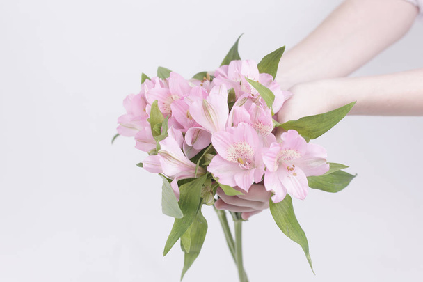 bouquet of flowers in female hands isolated on a light background - Фото, изображение