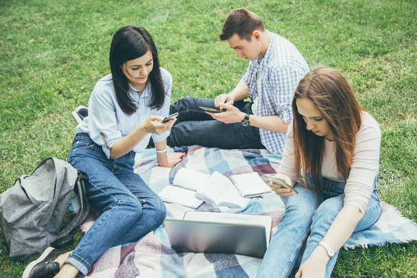 Group of college students sitting outdoors using mobile phones. - Foto, Imagen
