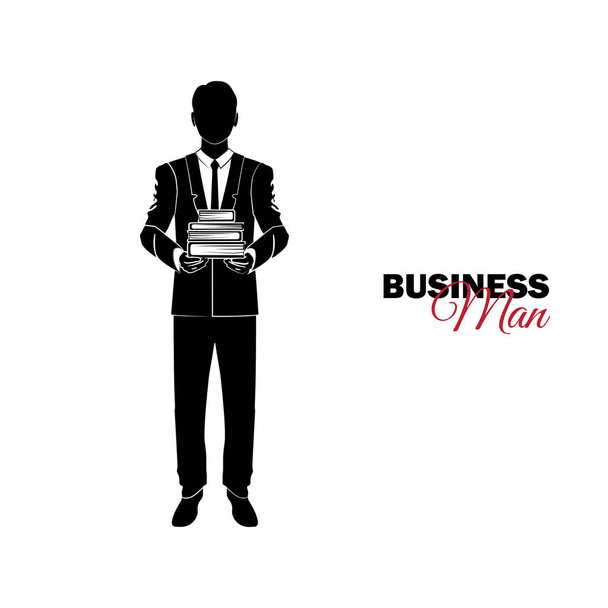 Бизнесмен, менеджер. Человек в деловом костюме. Бизнесмен с пачкой книг в руках
 - Вектор,изображение