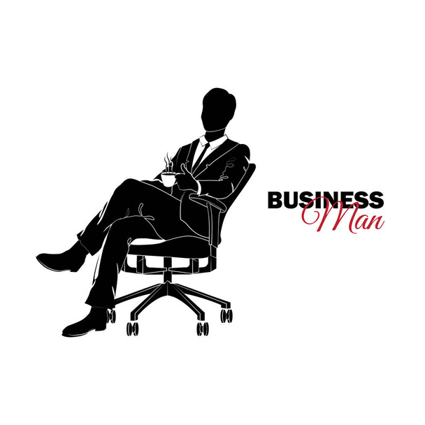 Empresário, gerente. Um homem de fato de negócios. Empresário sentado em uma cadeira com uma xícara de café
 - Vetor, Imagem