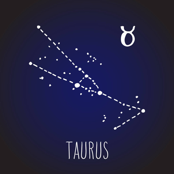 Taurus - hand drawn Zodiac sign constellation in white over dark blue night sky. Vector graphics astrology illustration. Western horoscope mystic symbol. - Vettoriali, immagini