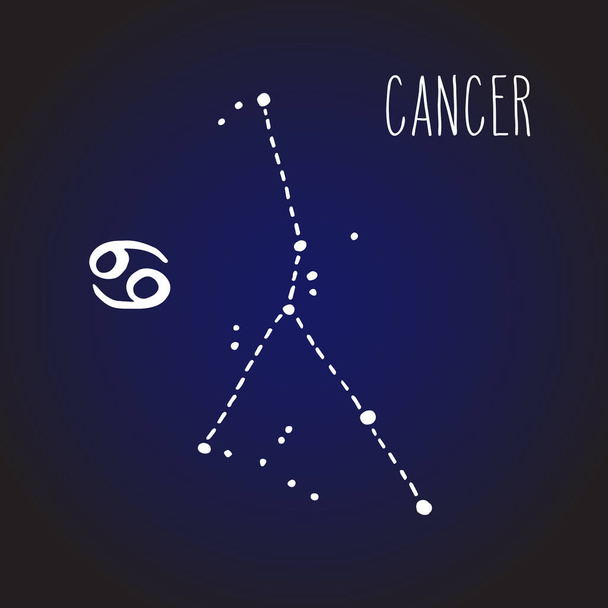 Cancer hand drawn Zodiac sign constellation in white over dark blue night sky. Vector graphics astrology illustration. Western horoscope mystic symbol. - Vector, Imagen