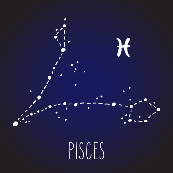 Pisces hand drawn Zodiac sign constellation in white over dark blue night sky. Vector graphics astrology illustration. Western horoscope mystic symbol. - Vektori, kuva